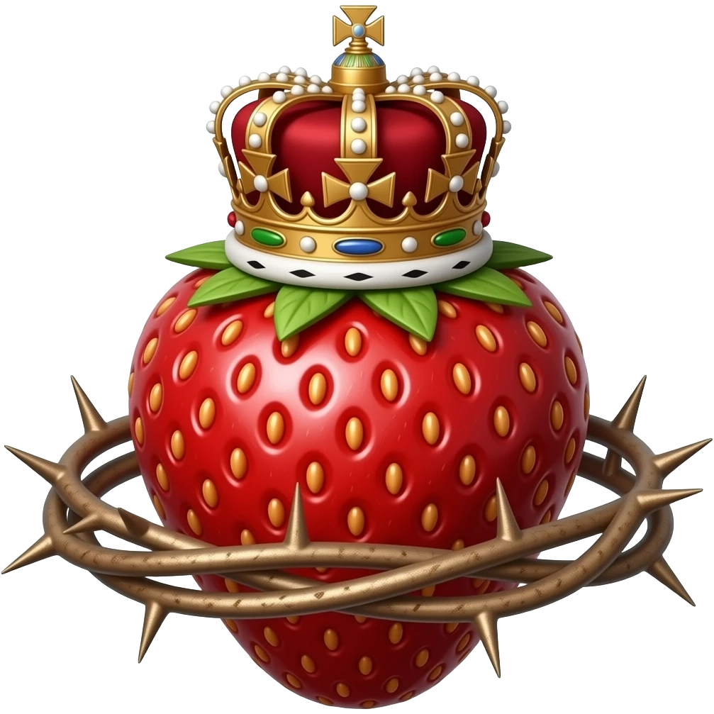a bronze strawberry with a rusty, richly decorated English royal crown on top that is flaming. An oversized crown of thorns is wrapped around the strawberry's body and is spinning around its body emoji