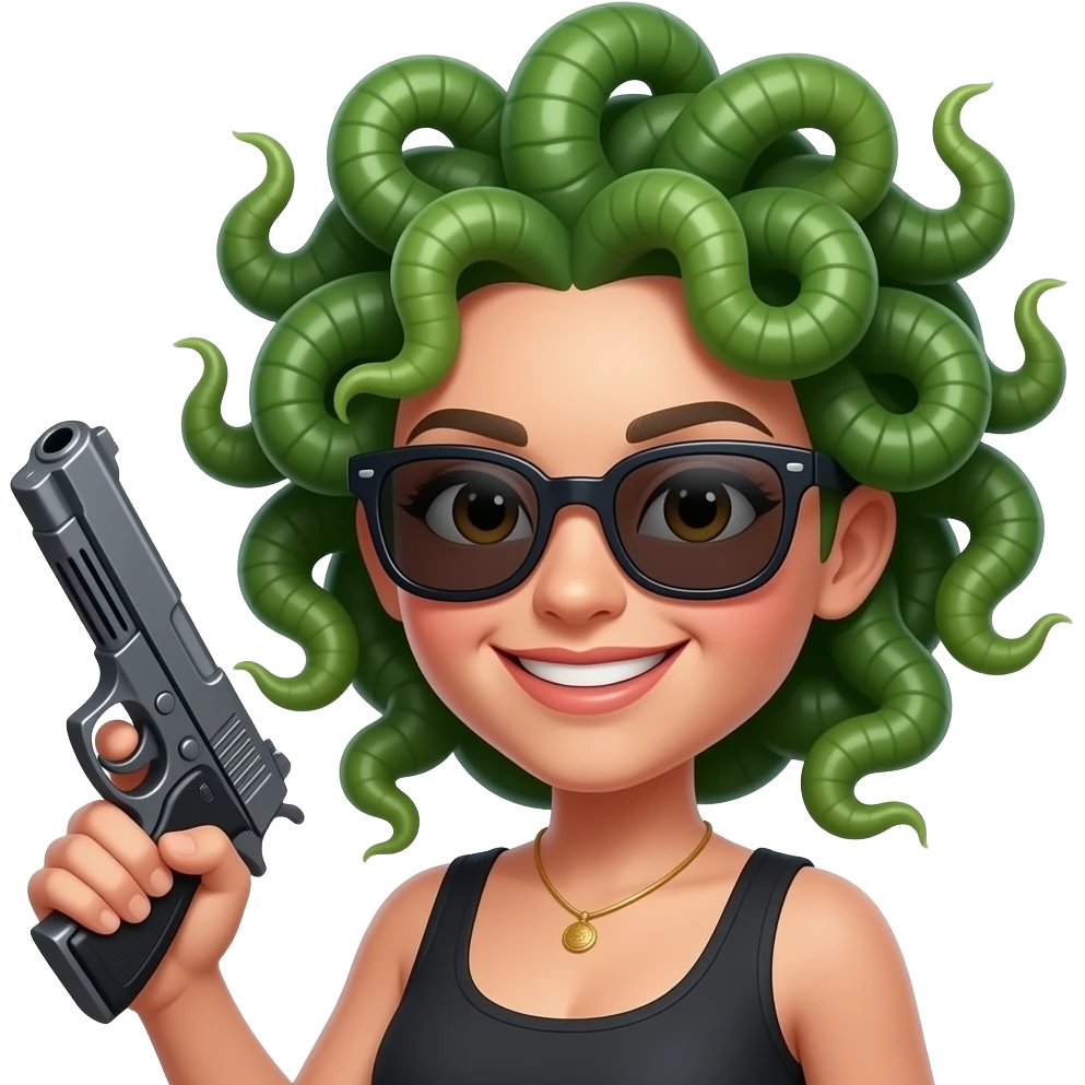 Smirking Beautiful Medusa with sunglasses holding gun emoji