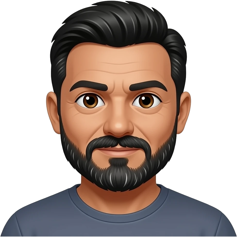 45 year old man with black and little white strips of hair and dark brown eyes with a black and little white strips of hair in mustache and black and very little white strips of hair in the bread and tan skin emoji