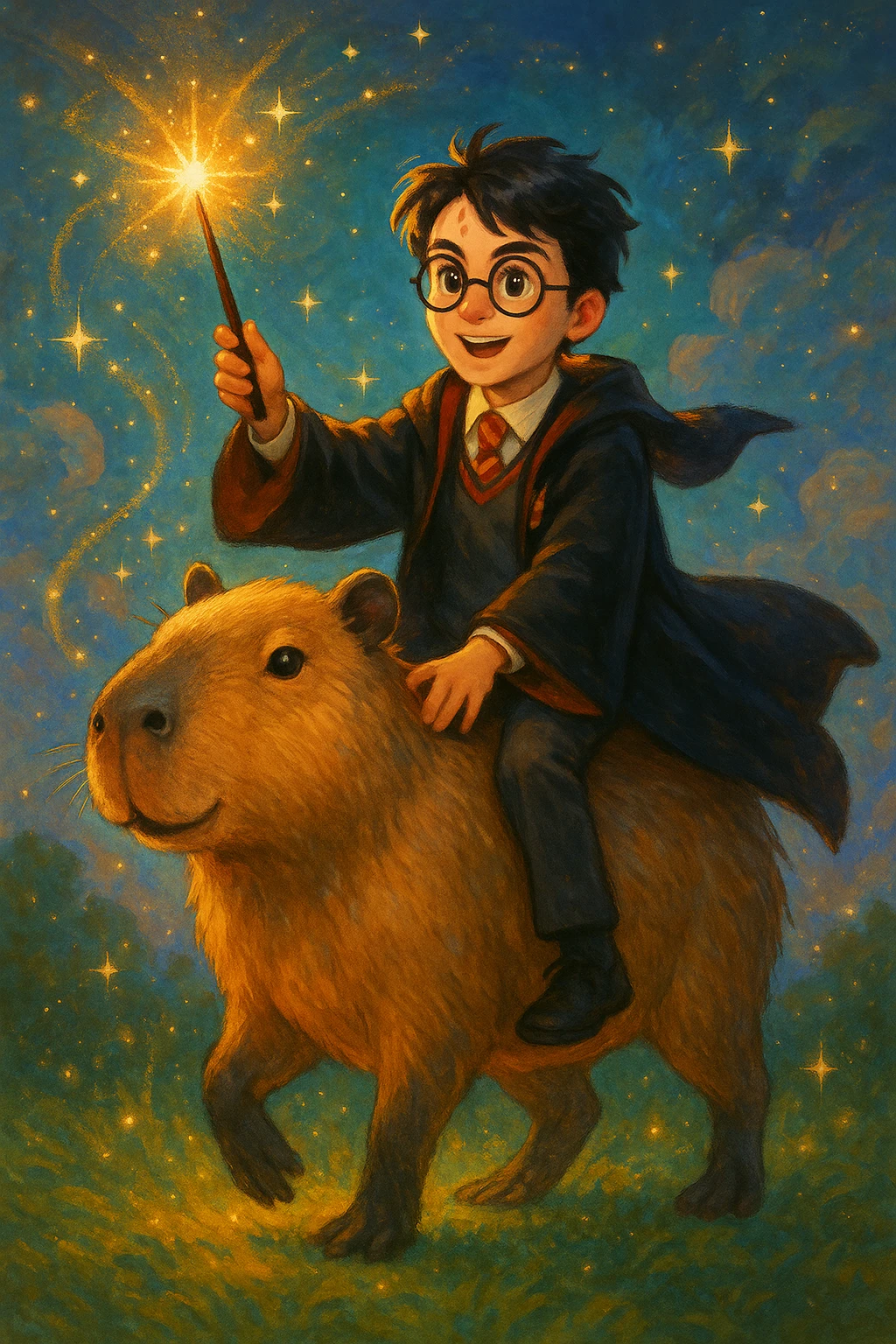 Harry Potter riding a capybara, whimsical, magical, clear character details emoji