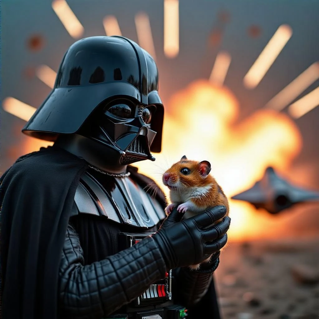 Cinematic still, Extreme Closeup Photo of a darth vader holding big hamster, low key light, explosion startship background with leading lines, back light, spot light emoji