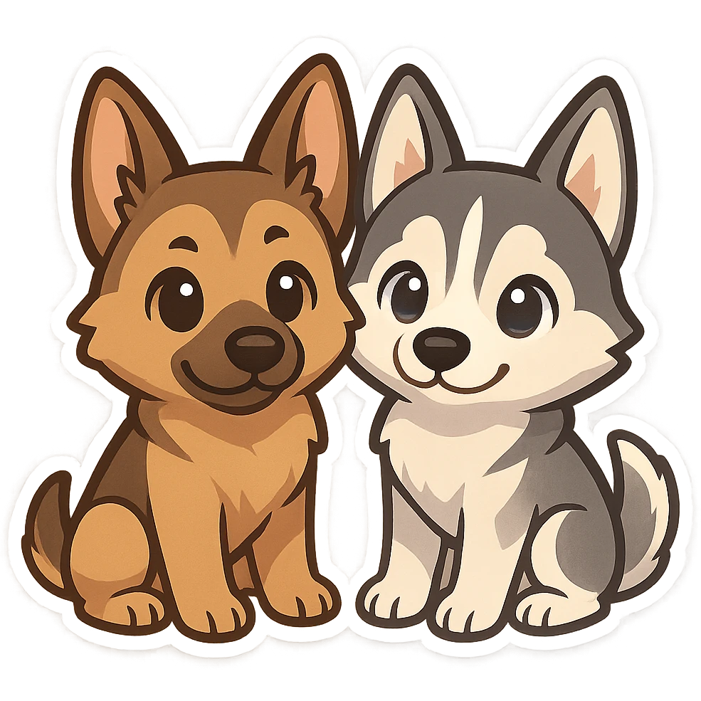 chibi sticker of two dogs, one German Shepherd and one Husky, sitting together, inspired by the reference photo emoji