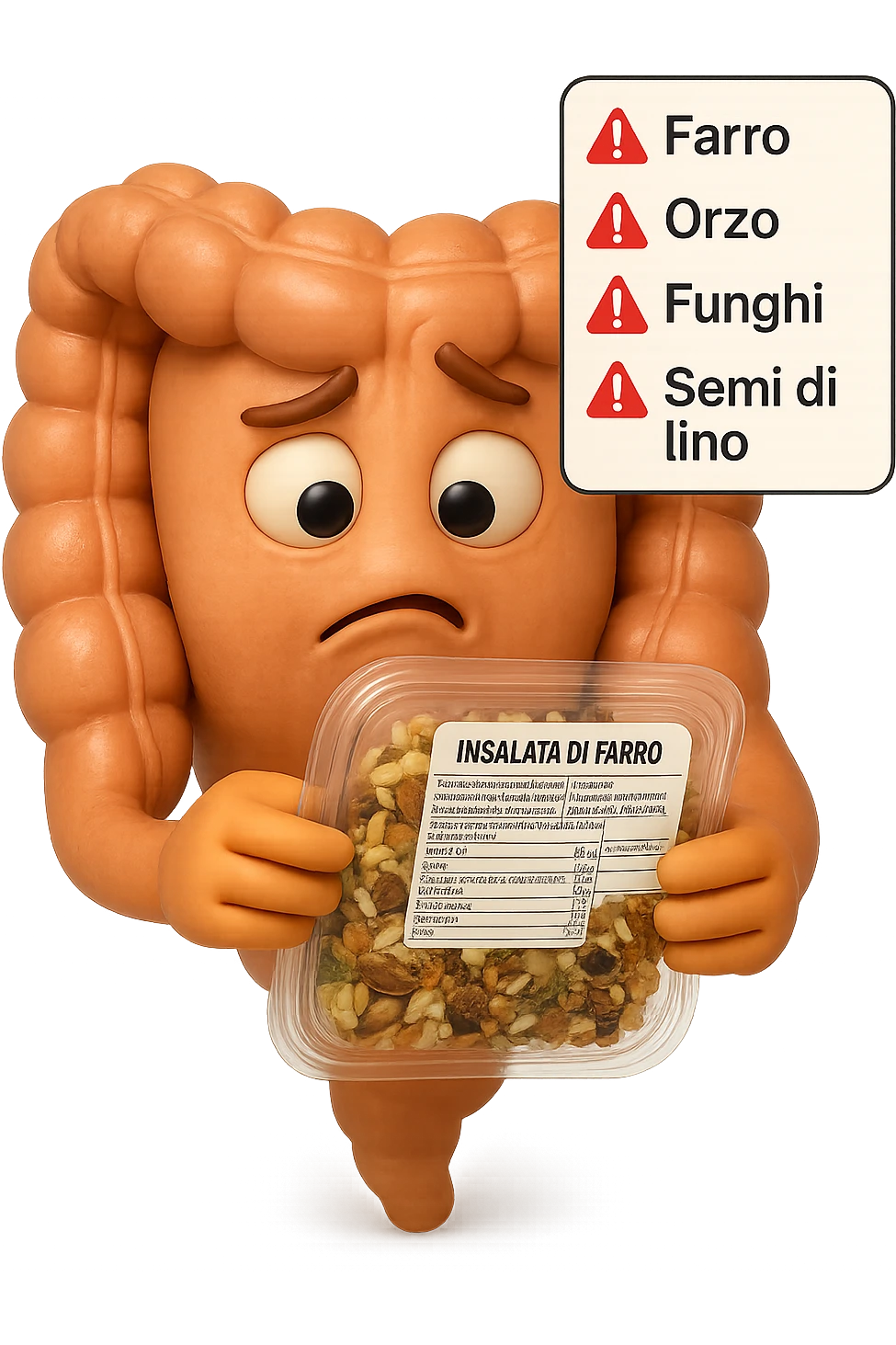 SU QUESTO STILE FAI UN EMOJI STILE IPHONE 3D DI UN INTESTINO CHE HA IN MANO UN insalata di farro mista CONFEZIONATa DA SUPERMERCATO E LEGGE L'ETICHETTA NUTRIZIONALE CON GLI INGREDIENTI IN ITALIANO, ACCANTO ALL'insalata CHE HA IN MANO C'è UN FOCUS SULL'ETICHETTA CON GLI INGREDIENTI SCRITTI, "Farro, orzo, funghi, semi di lino" accanto ad ogni nome scritto mettici un segnale di allarme, FAGLI UN ESPRESSIONE CONFUSA MENTRE LEGGE E FALLO MOLTO REALISTICO IN 3D emoji
