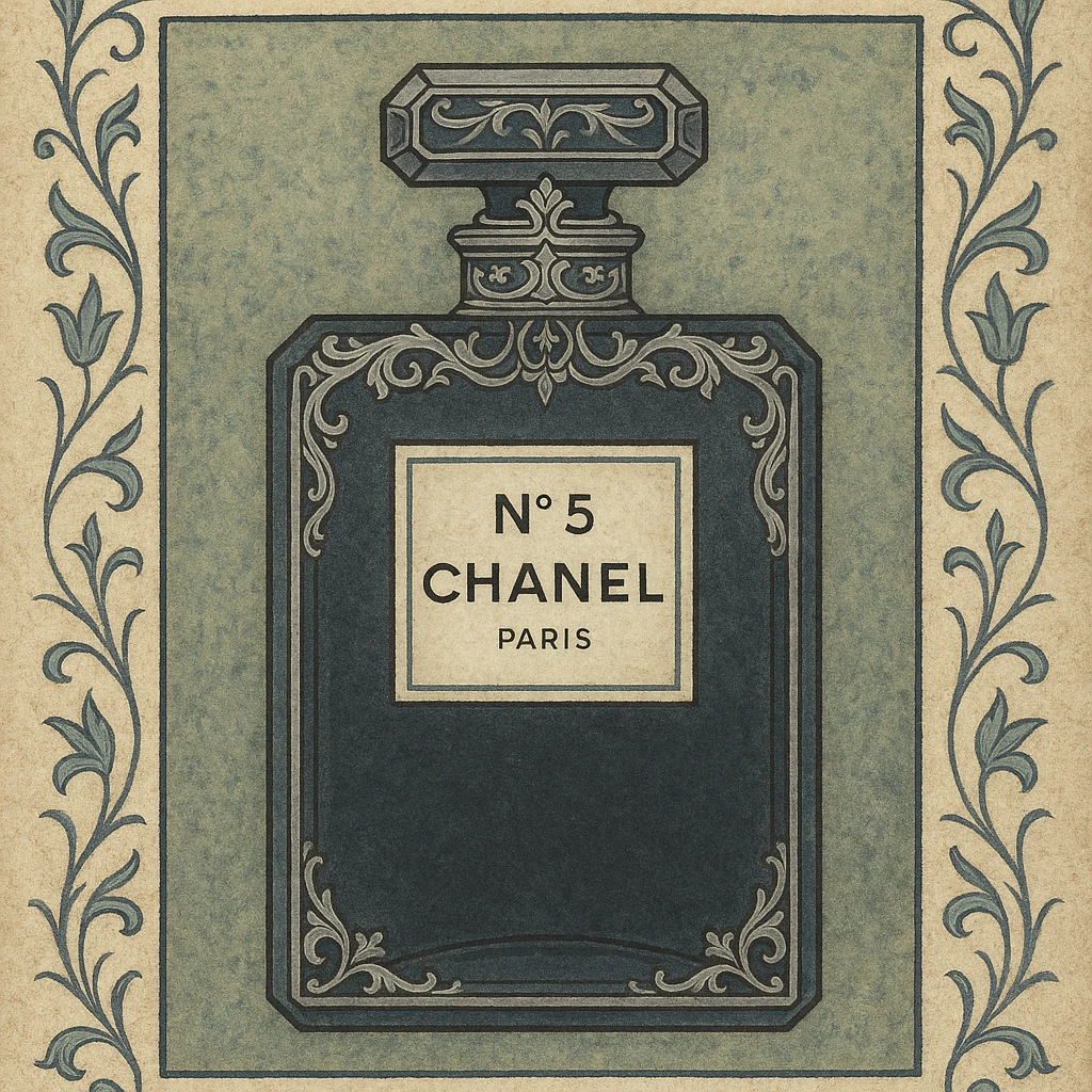 Chanel perfume bottle in gothic style, dark glass, ornate silver details, mysterious atmosphere emoji