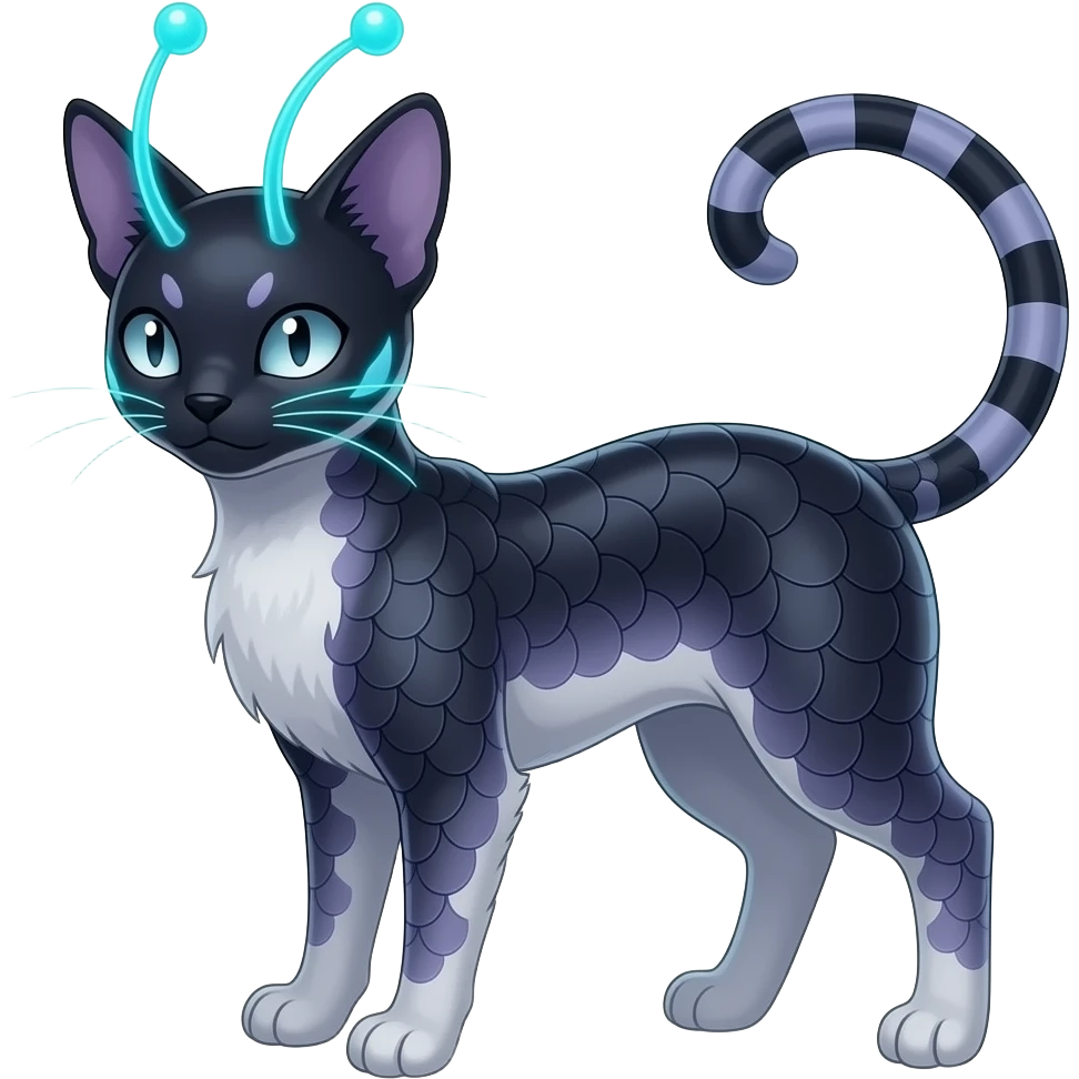 Abyssinian bioluminescent translucent dark, scaly furry oil-blackish oily greyish, purplish, whitish abyss-fantasy-Zorua-Sprigatito-Absol-feline-Fakémon-fusion, with thin neon-glowing bulb-antennae-whiskers, full body emoji