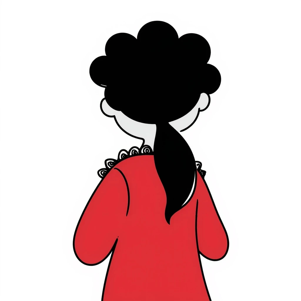 Girl from behind, wearing a red pajama with black and white lace, with curly black hair emoji