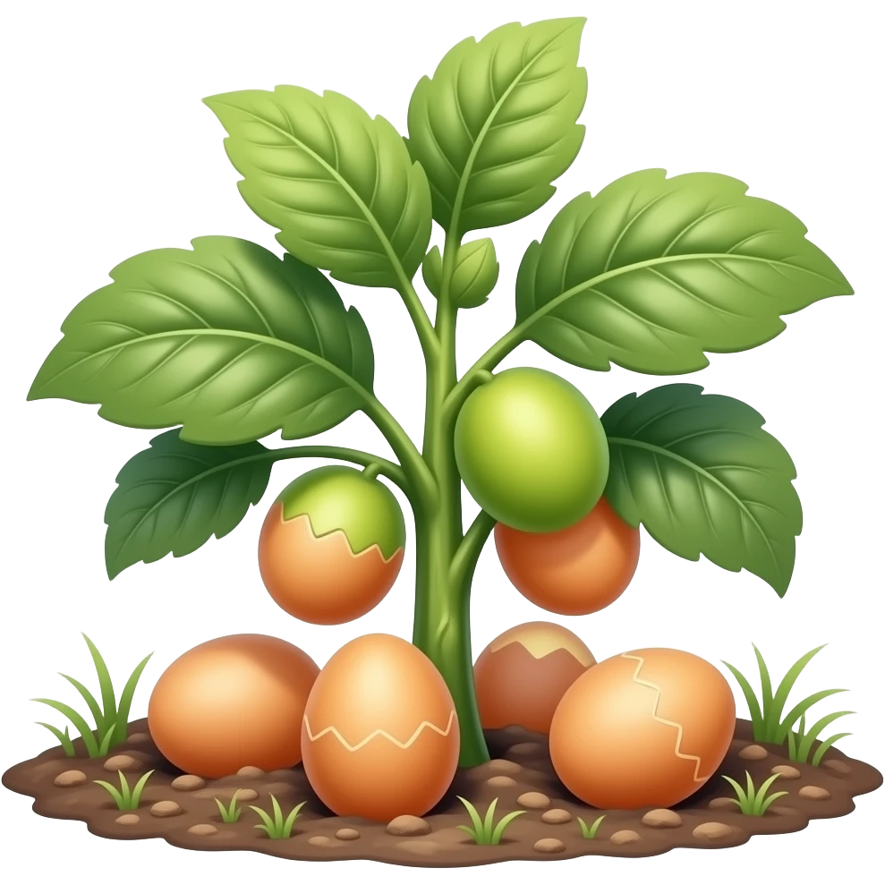 A green plant growing realistic chicken eggs instead of fruits, farm environment, morning light, high detail textures emoji