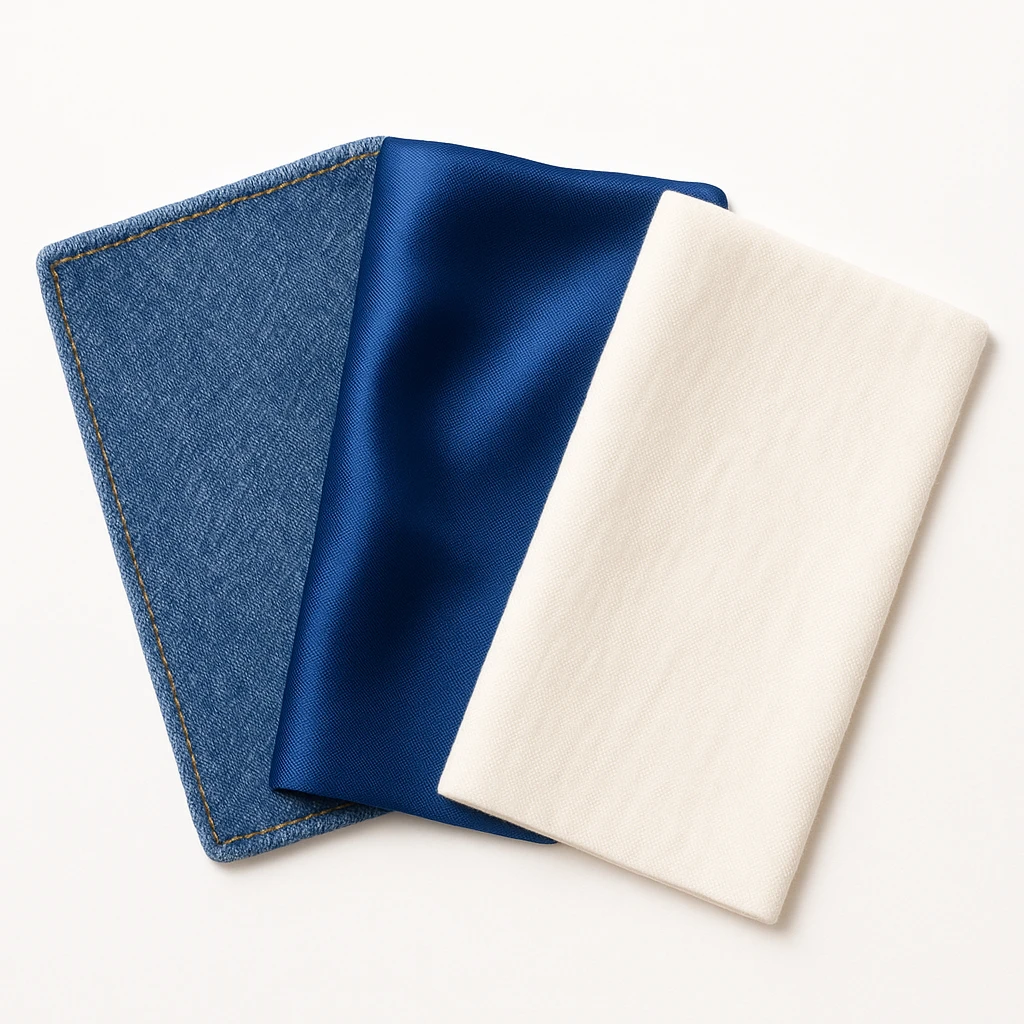 Сгенерируй мне аккуратный, но не квадратный, кусок джинсовой ткани, на чисто белом фоне. И чтобы было три разных ткани, допусти одна джинсовая, вторая шелк, третия хлопок. И они рядом с друг другом, как карты, веером

 emoji