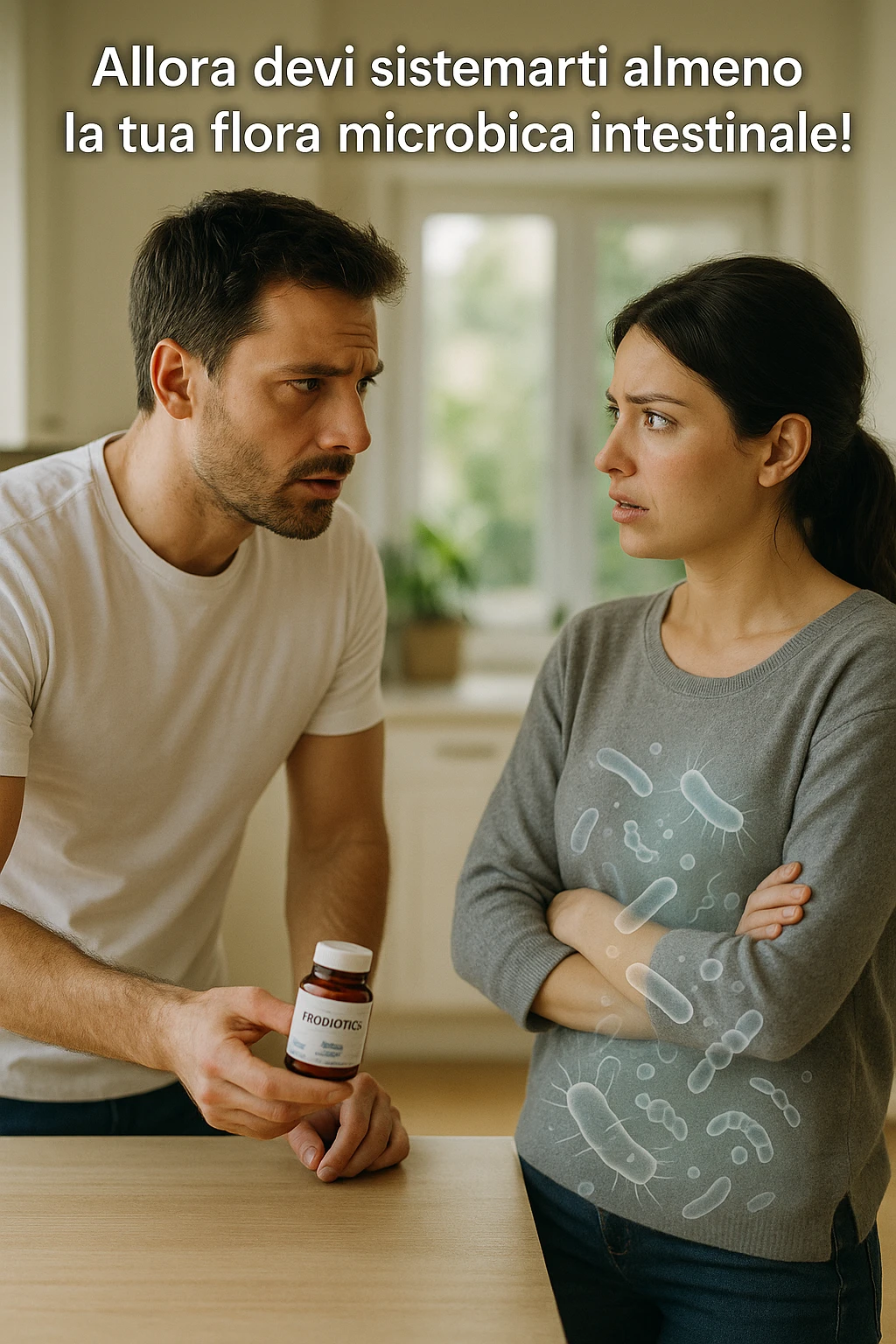 A hyper-realistic, cinematic photo of a young couple in their early 30s having a tense but calmer discussion in a bright modern kitchen. The man, fit, wearing a plain white T-shirt, holds a small probiotic supplement bottle in one hand, leaning slightly forward with a concerned yet firm expression, saying: 'Allora devi sistemarti almeno la tua flora microbica intestinale!' The woman, with dark hair in a loose ponytail, wearing a comfortable home sweater, stands with arms partially crossed, looking at him with a doubtful and confused expression, eyebrows slightly raised, lips parted as if about to respond but uncertain. Around them, faint translucent overlays of microscopic gut flora and bacteria symbols swirl softly near the woman’s abdomen, symbolizing the issue of her imbalanced gut microbiome. The kitchen is bathed in warm natural light, with green plants adding a sense of health and life, while the couple remains in sharp focus. The color palette is warm, with soft shadows and shallow depth of field highlighting the emotional tension yet care in the conversation, visually representing the discussion about gut health within the relationship emoji