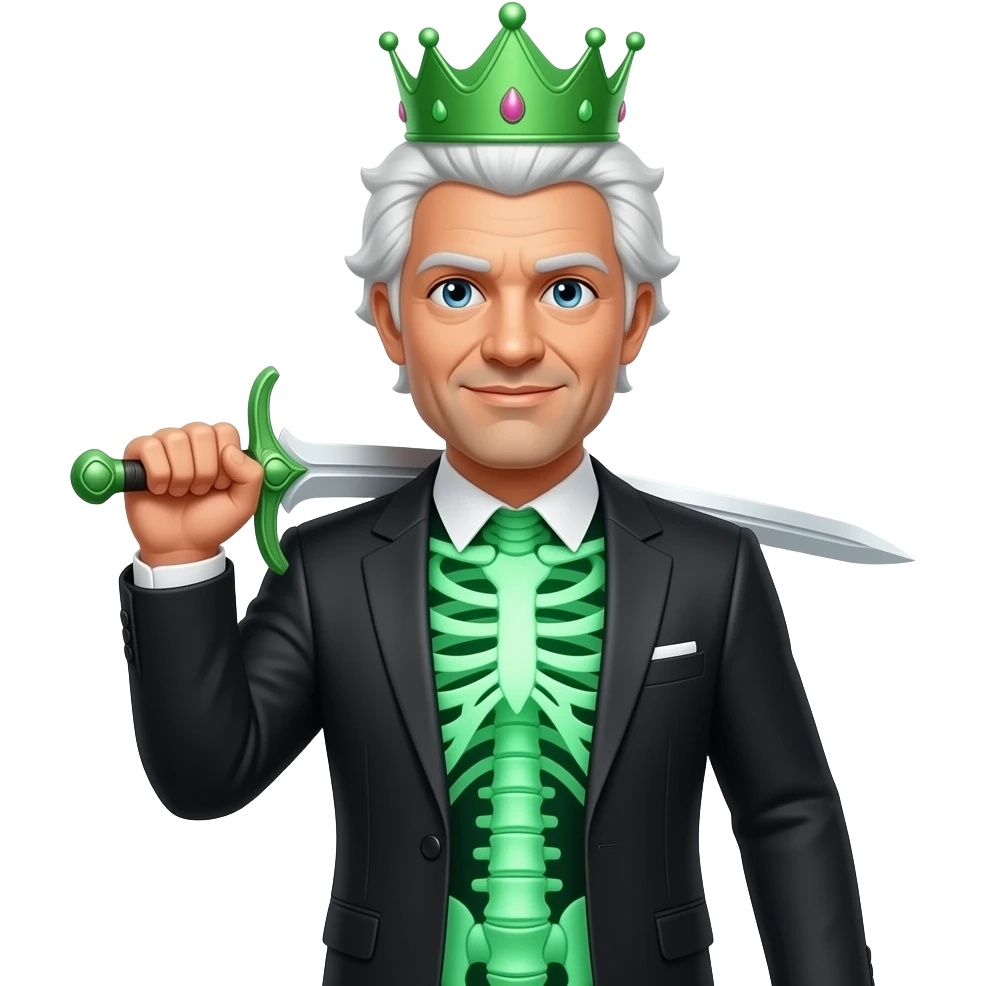 A man that has a black suit and his torso is transparent that Shows green bones and he has a green crown and sword and has white fluffy hair emoji