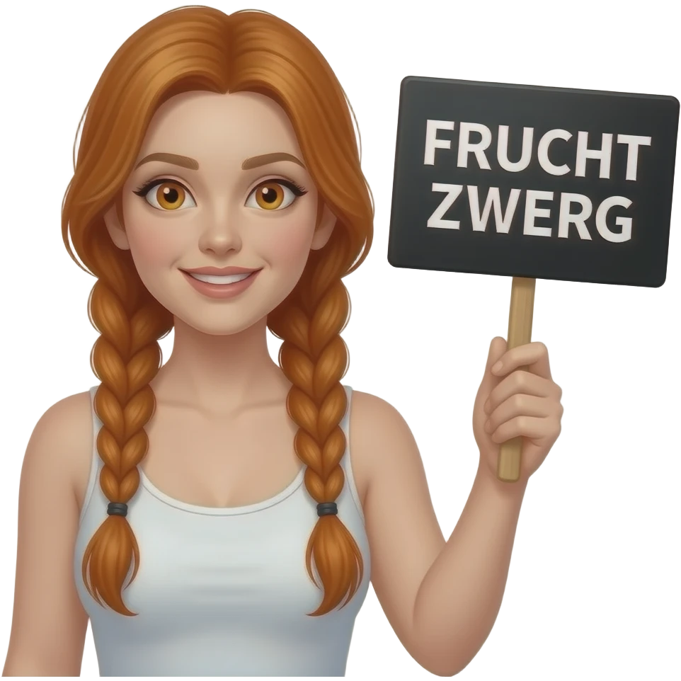 sexy girl with long ginger braids and ginger eyes wearing a white tanktop is holding a black sign with FRUCHT ZWERG written on it emoji