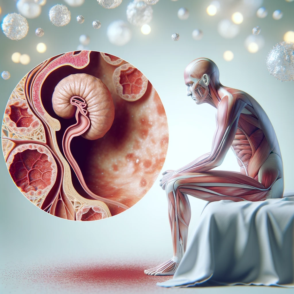 CORPO UMANO ANATOMICO SEDUTO NEL LETTO CHE NON RIESCE A DORMIRE, VESCICA ANATOMICA IN EVIDENZA, IPERREALISTICO SFONDO CHIARO NEUTRO emoji