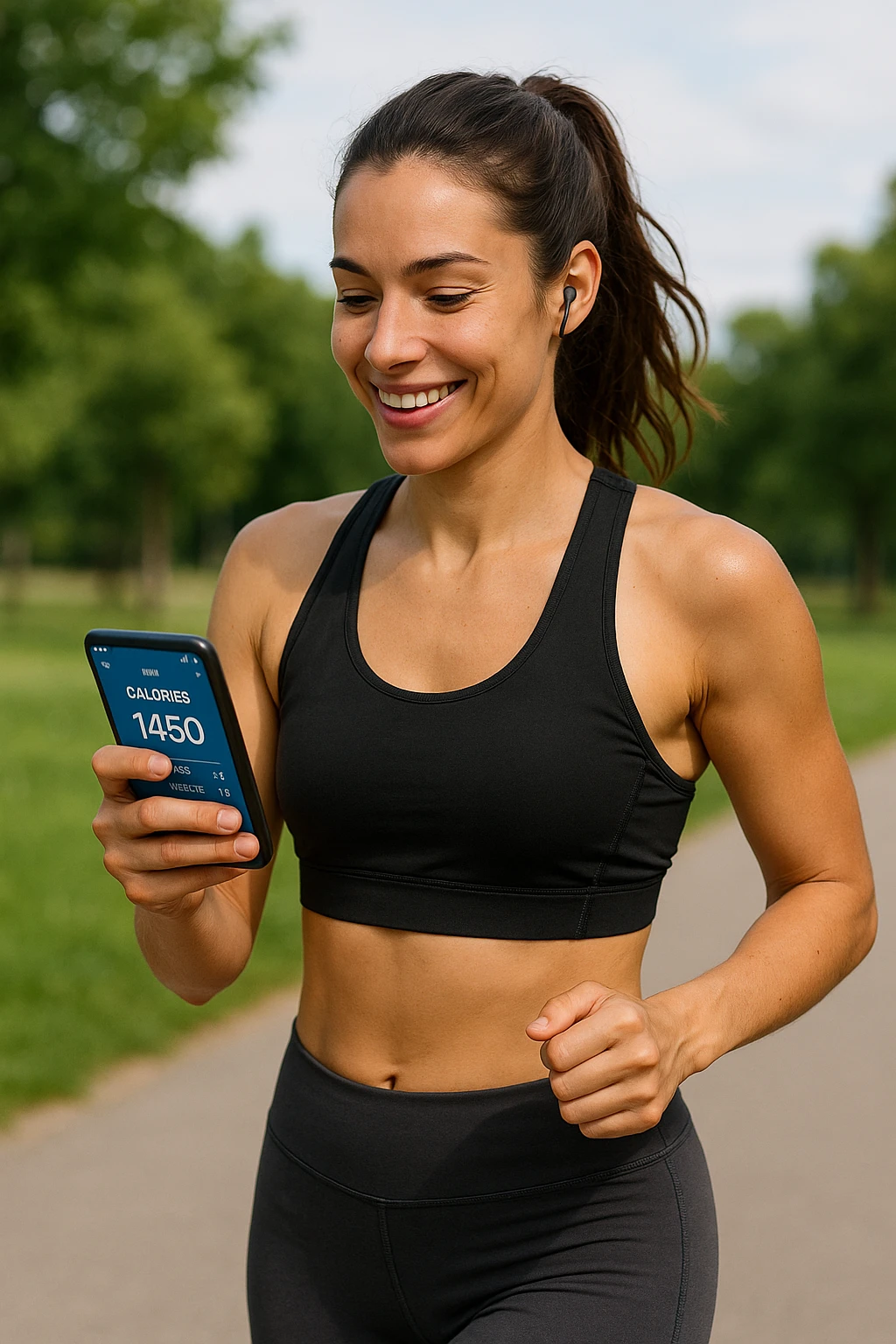 Donna sportiva che usa app contacalorie come myfitnesspal emoji