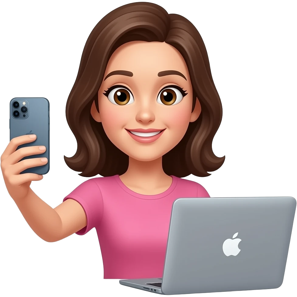 Mujer grabandose con su iphone a ella misma y una mackbook a su lado emoji