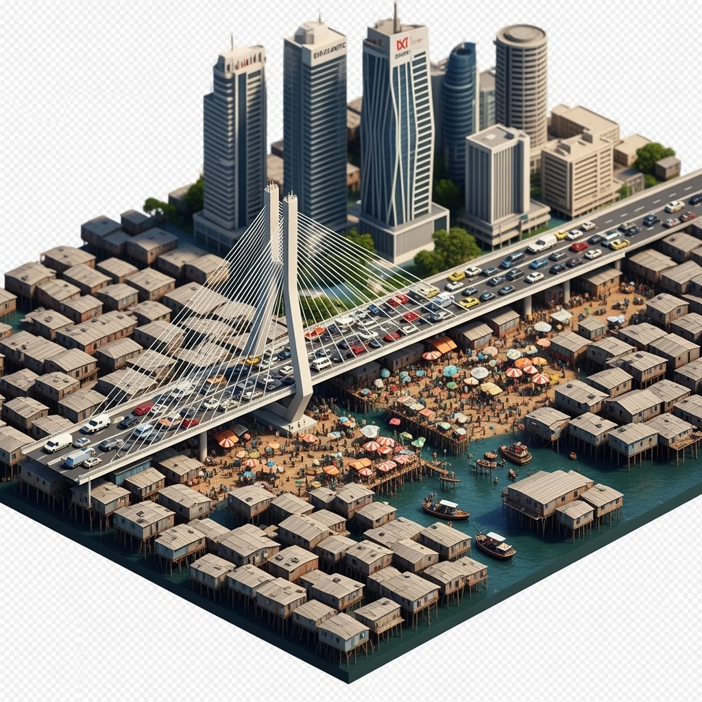 Isometric miniature of Lagos Lekki-Ikoyi Bridge, Eko Atlantic skyscrapers, Makoko slums, tin-roof shacks, chaotic markets, gridlocked traffic, 3D miniature effect and Tilt Shift effect, no cartoonish look, transparent background, don't cut angles emoji
