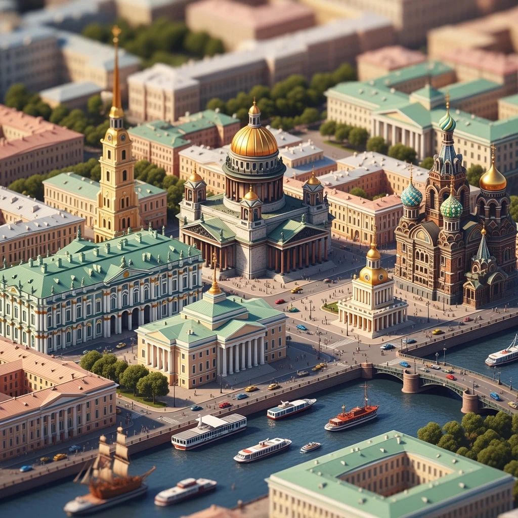 Изометрическая модель-иллюстрация Санкт-Петербурга с основными достопримечательностями баланс между стилизацией и реализмом, эффект рисованной миниатюры Tift shift, прозрачный фон. emoji