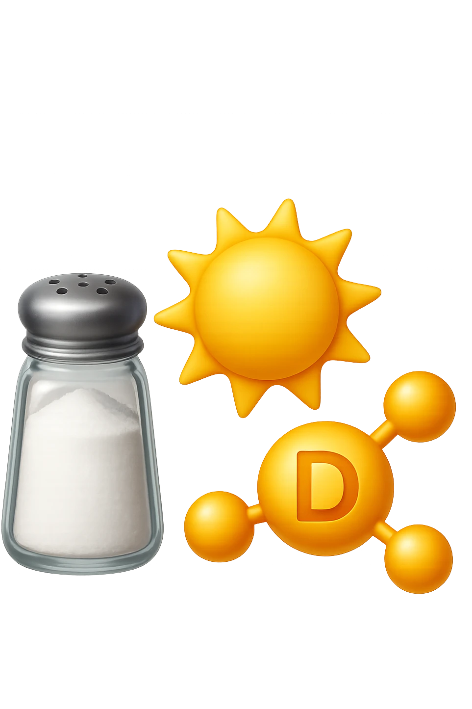 emoji stile iphone di una boccetta di sale, un sole, una particella chimica di VITAMINA D, IPERREALISTICO 4K emoji