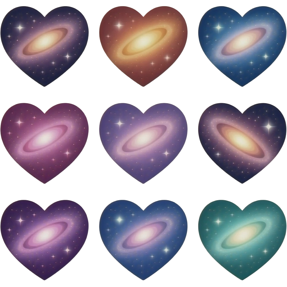 loads of different coolest galaxy hearts but all different colours emoji