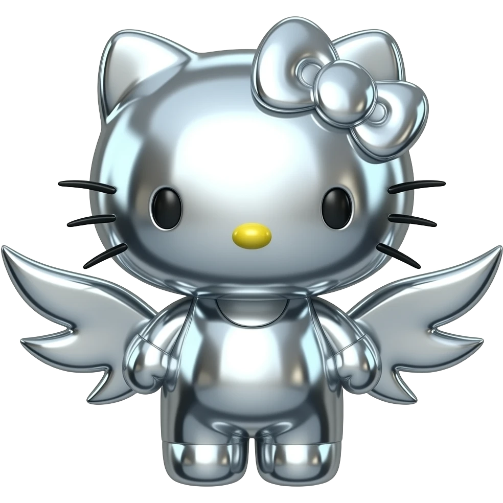 A 3D Y2K-style hello kitty made of liquid chrome and polished silver. Sharp, tribal-inspired wing edges with a high-gloss metallic finish reflections. Minimalist, futuristic, and moody emoji