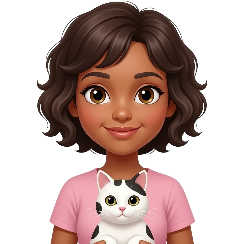 Menina parda cabelo curto ondulado segurando seu gato branco com pintinhas pretas emoji