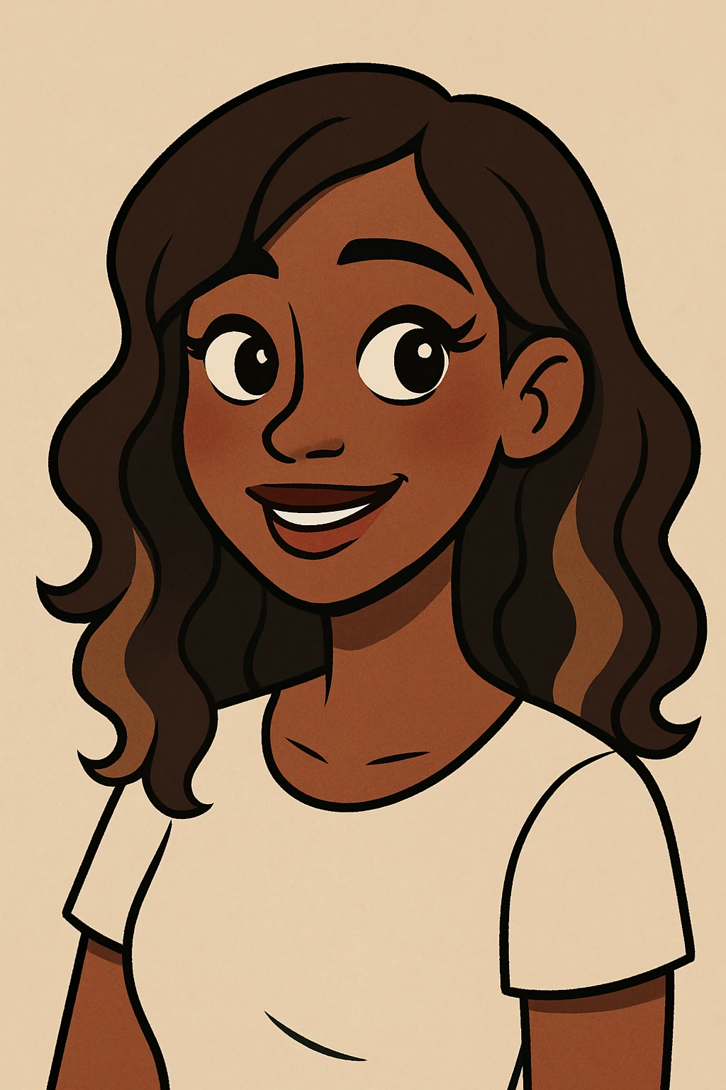 young woman with dark skin, brunette hair with caramel balayage, brown eyes, curled lashes, blush, in a soft cartoon style emoji
