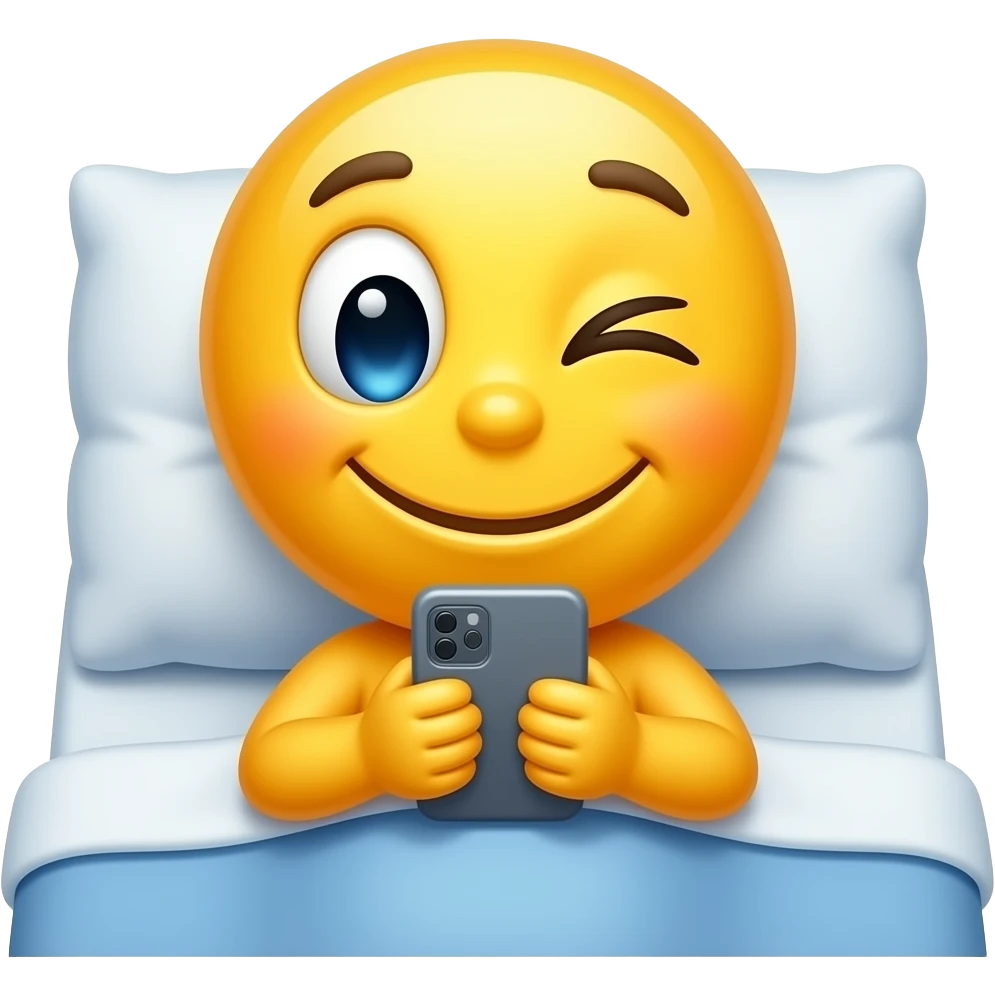 Yellow tired smiley reading phone messages in bed with one eye open sleepy emoji