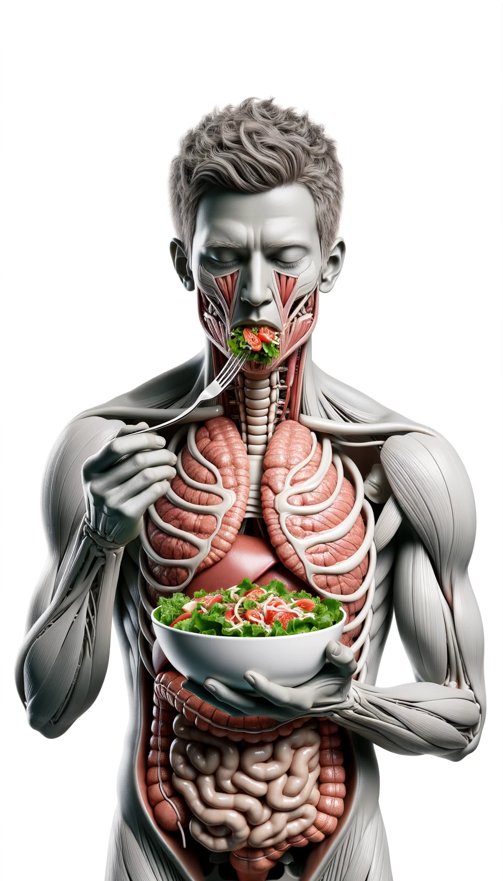 corpo umano anatomico con intestino in evidenza mentre mangia un'insalata con espressione neutra in volto, iperrealistico 4k, isolato su sfondo bianco emoji