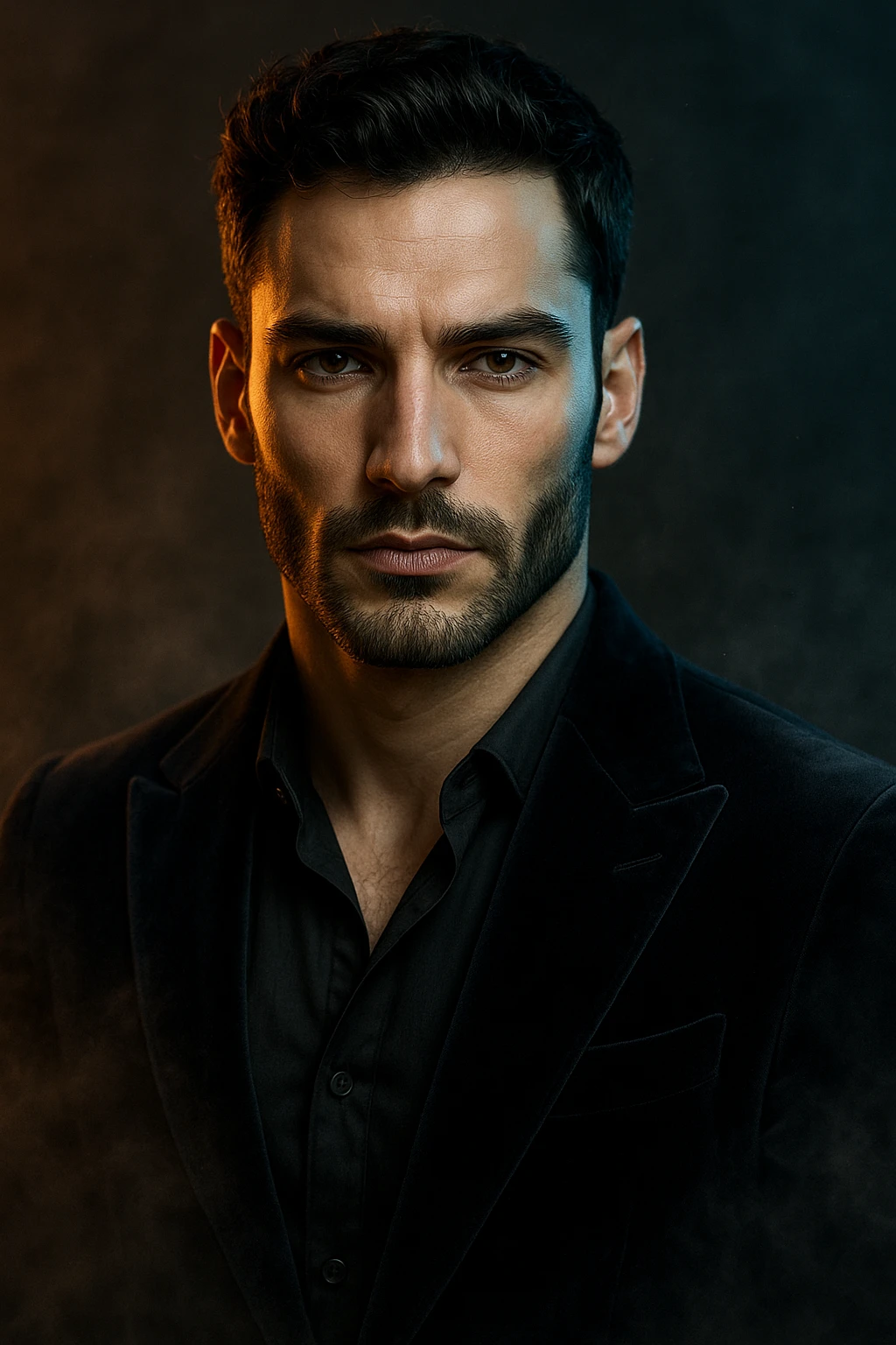 Usa questa immagine come riferimento per creare un ritratto iperrealistico e ravvicinato di un carismatico nodello maschile, ambientato in un contesto editoriale suggestivo. I volto è illuminato da fasci di luce ambrata e blU ghiaccio che contrastano tra loro, esaltando la simmetria marcata della mascella, la sottile barba incolta e uno sguardo penetrante e sicuro. I| modello indossa una giacca sartoriale scura in morbido velluto, leggermente sbottonata sul colletto. Lo sfondo sfuma in un profondo gradiente antracite con una delicata foschia cinematografica e sottili bagliori di luce. Un lieve velo di nebbia avvolge la sua silhouette, accentuando un'atmosfera sofisticata e misteriosa. L'effetto complessivo evoca un'eleganza di alta moda con un tocco moderno e malinconico, ideale per una campagna pubblicitaria di lusso o per la copertina di una prestigiosa rivista. emoji