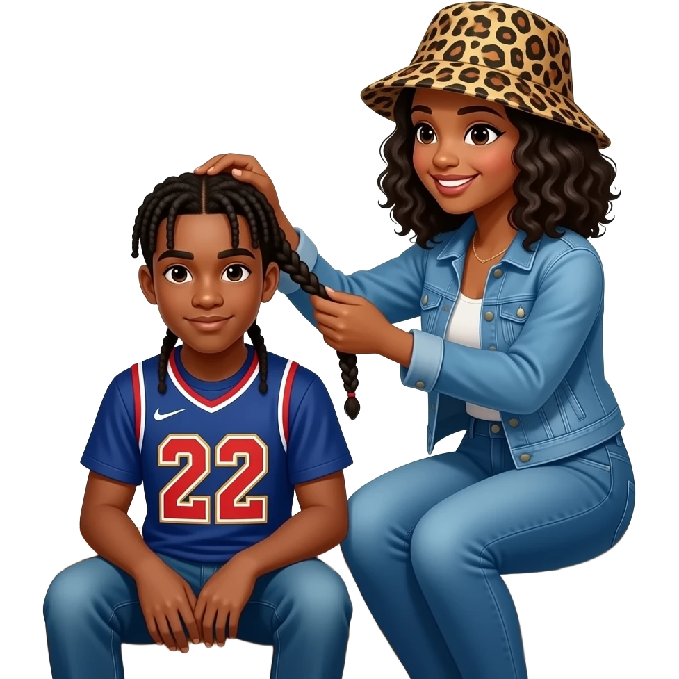 African American teenage boy with braids  sitting on house porch steps wearing a jersey shirt with the number 22 on it, getting his hair braided by a African American woman with shoulder length curly black hair wearing a leopard print bucket hat wearing denim jeans and a denim jacket emoji