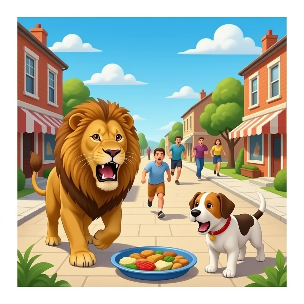 quiero que en un pueblo los habitantes que tengan mido a los leones y a los perros pero q ue les de comida  preo que tengan muchissimo miedo los habitantes y que sea realista y salgan corriendo emoji