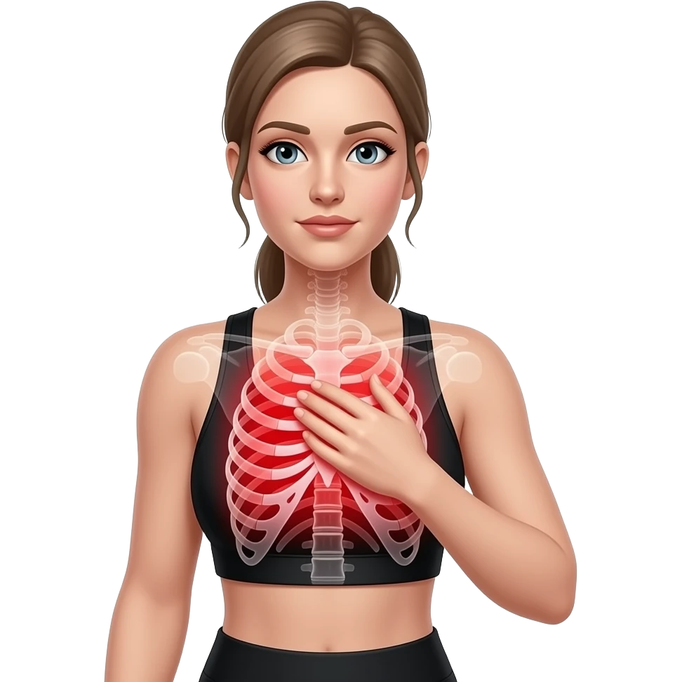 chest pain, anatomical highlight of the rib cage and chest muscles, full red glow over the entire chest area, woman touching upper chest, fair-skinned woman, gray-blue eyes, ash brown brows, ash light brown hair tied back, slim athletic body, black workout set emoji