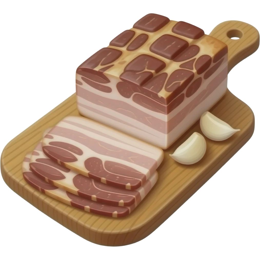 Ukrainian salo (lard) cut on a board with garlic emoji