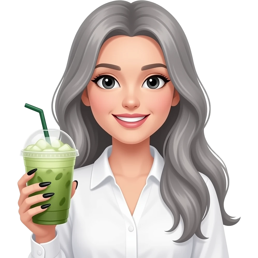 smiling lady with black eyes and grey very long hair, long black nails and holding a large iced matcha, wearing a white blouse emoji