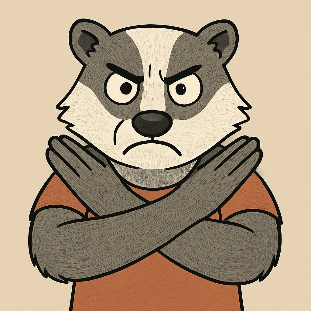 Transform the angry cartoon figure with arms crossed in an X into a badger character, maintaining the strong 'stop' gesture and cartoon style. Keep the figure's assertive and bold expression, but change the features to resemble a badger with characteristic markings and fur texture, while preserving the overall cartoon look. emoji