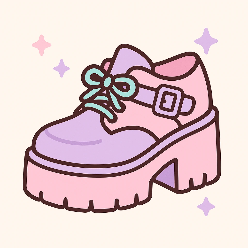 Add pastel pink and pastel purple accents to the BLACKPINK-inspired gothic shoes, keep them cute and stylish, kawaii style, no hearts. emoji