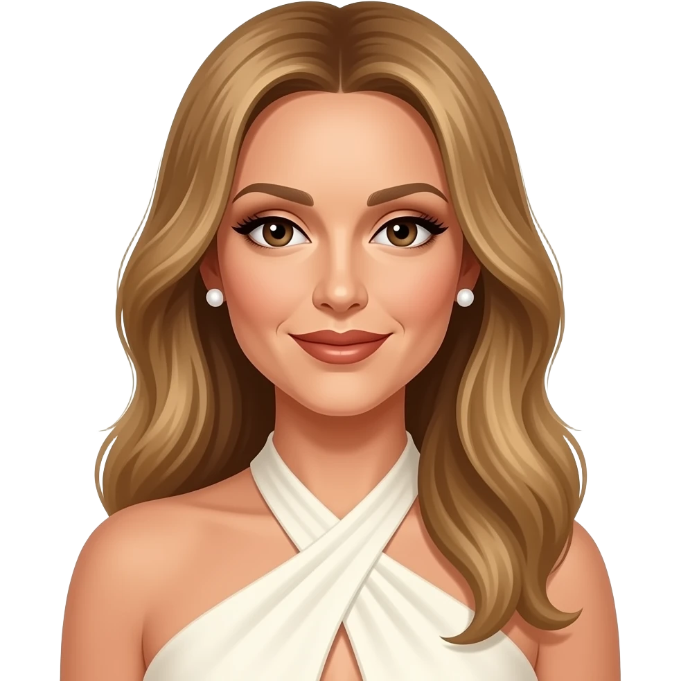 Celine Dion with brown eyes, long golden brown hair, ivory eyeshadow, bronze lipstick, ivory halter dress, white earrings emoji