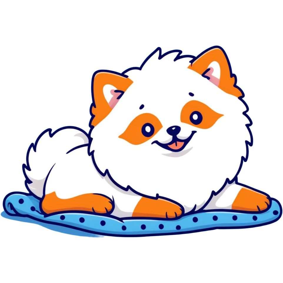 pomeranian dog rolling sound on a blue blanket with white polka dots emoji