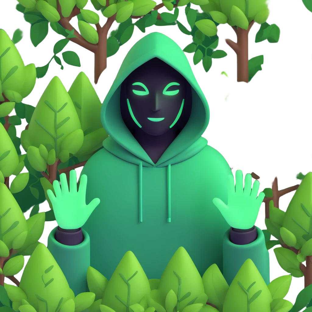 hooded figure with glowing green hands, surrounded by small trees, leaves, or vines emoji
