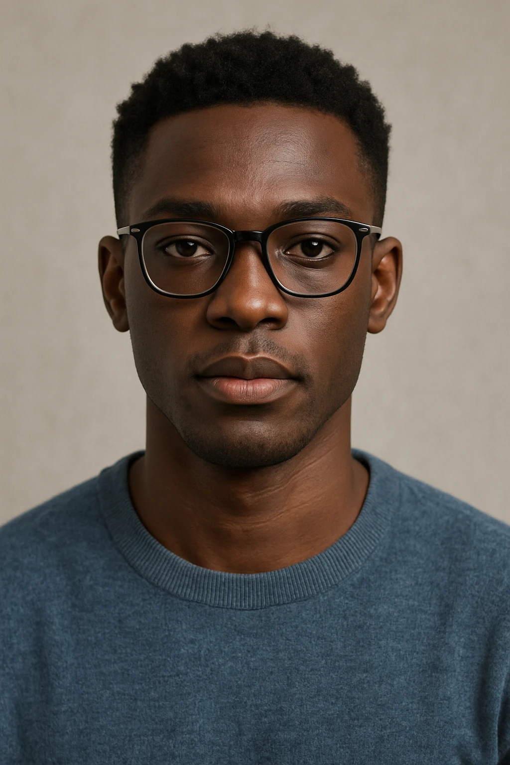 young African man with eye glasses, head and shoulders, modern style emoji