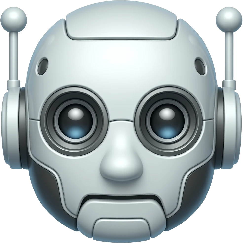 Glossy 3D rendered robot head emoji, front-facing, detailed with distinct mechanical features, slightly rounded edges, soft shading, white background emoji