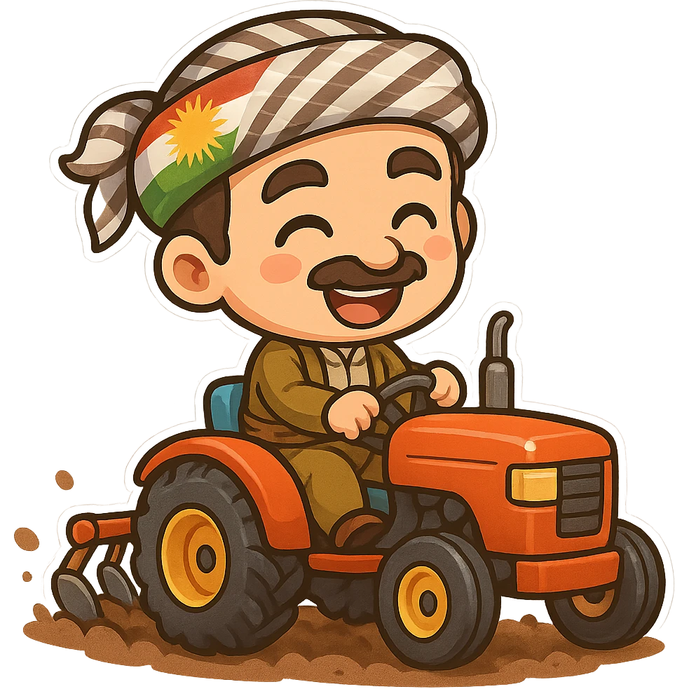 chibi cartoon sticker of a cheerful Kurdish farmer plowing the land with a tractor, colorful style emoji