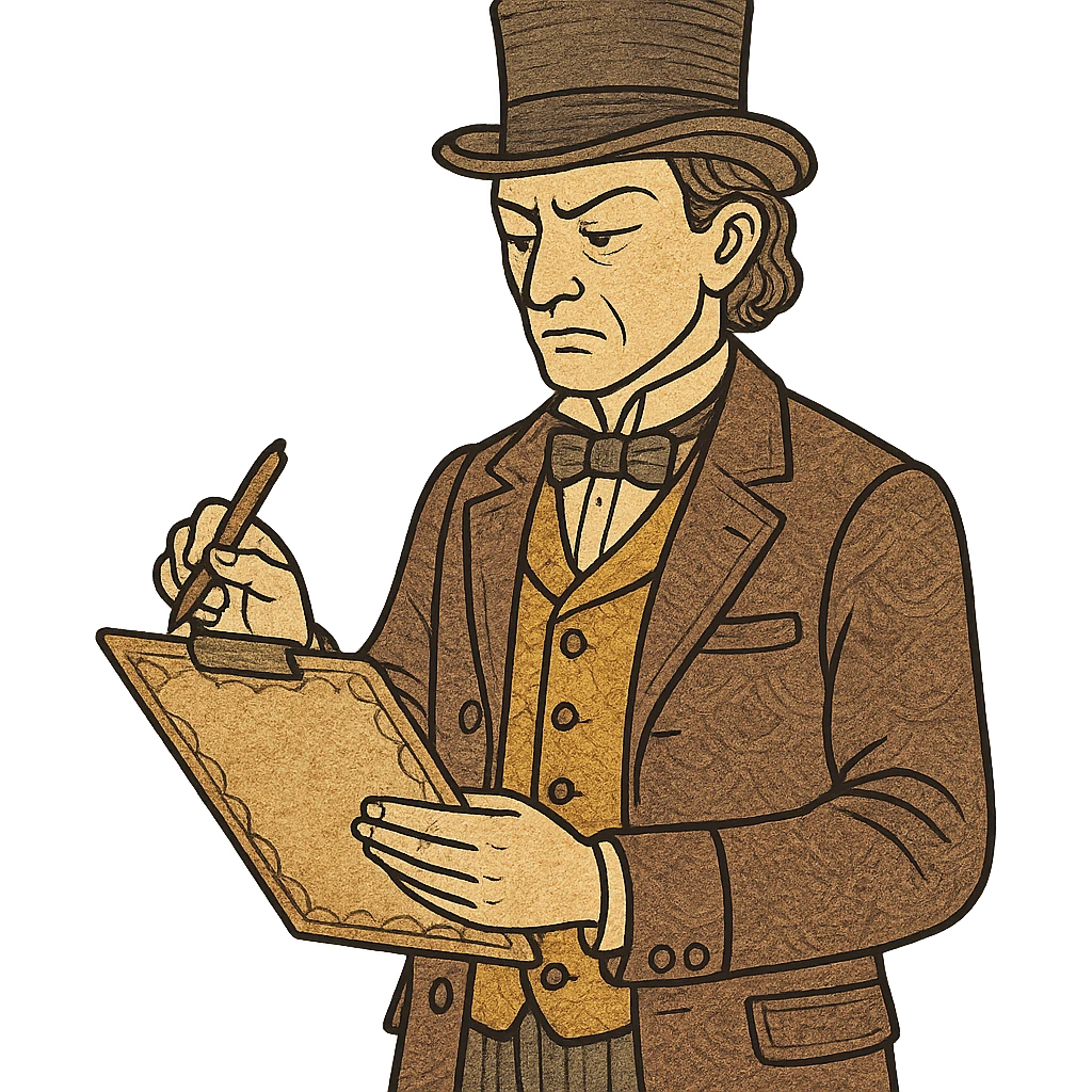 A victorian town council inspector with a clipboard and pen emoji