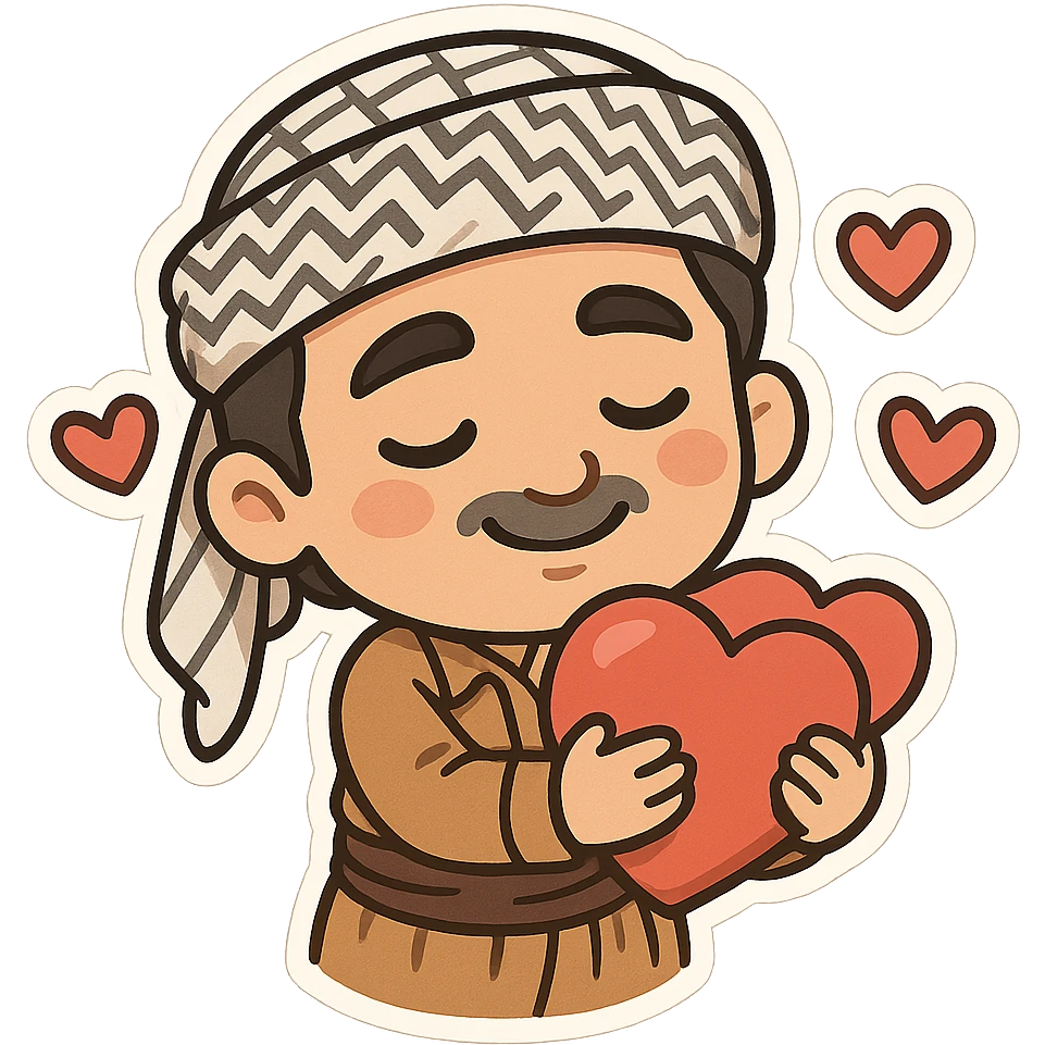 Kurdish man or woman in jamadani, cartoon style, hugging a heart or with floating hearts around, loving expression, no text emoji