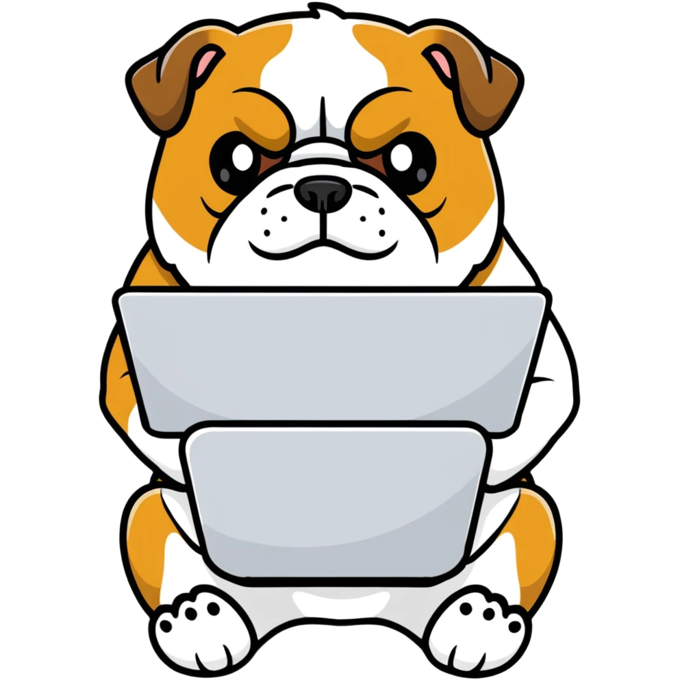 English bulldog sitting with a laptop emoji