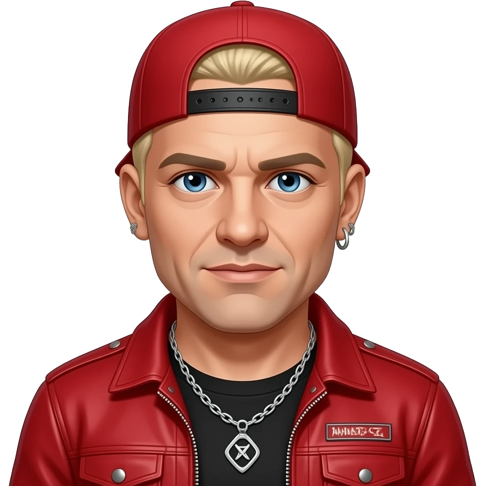 Fred Durst with blue eyes, blonde buzz cut hair, red cap, red nu-metal outfit, earrings and necklace emoji