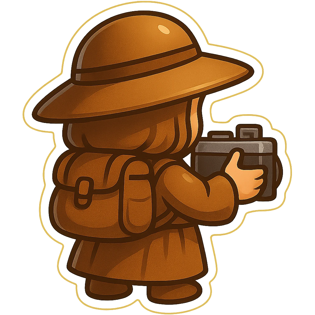 A small, funny medieval pilgrim with a camera, seen from behind, in retro stickers style, with a transparent background. emoji