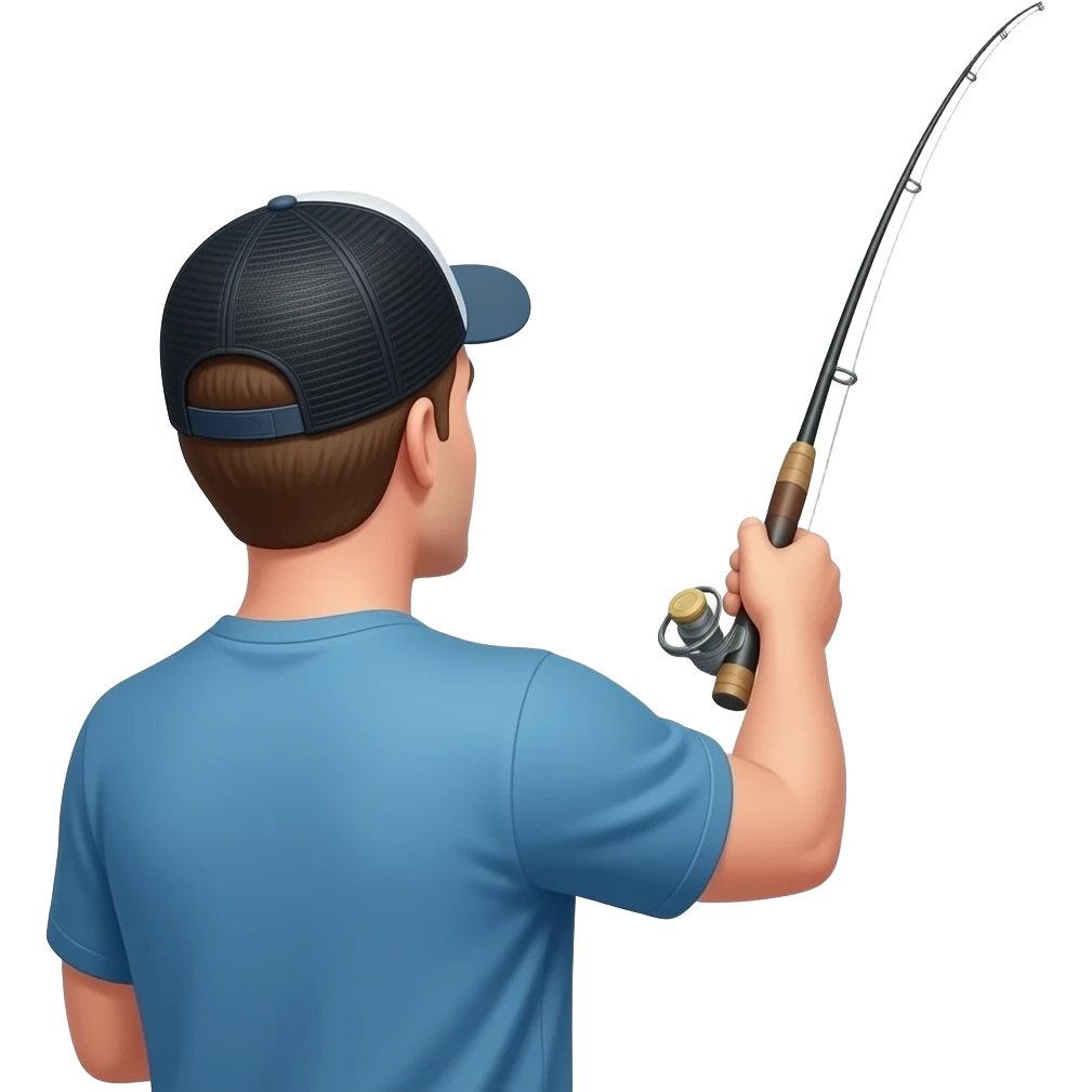 a fisherman looking away from the camera wearing a blue t shirt and a backwards black baseball cap,casting into the sky trying to hit a skeet shooter emoji