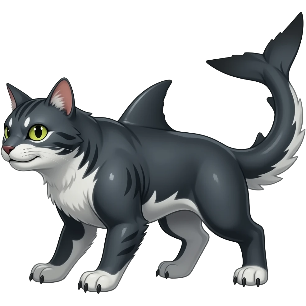 4-legged oily shimmering ruff rough digitigrade dark badass edgy landhai-Latias-Latios-carvanha-sharpedo-sergal-houndoom-Manectric-Night-Fury-hybrid-fusion-creature, with a long shark tail behind, full body emoji
