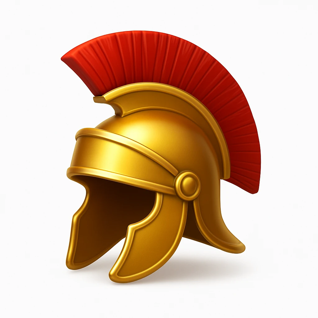 Make a helmet emoji exactly like the helmet in the reference image, in iOS emoji style. Roman helmet, gold with red crest, shiny and smooth. Add a soft shadow. emoji