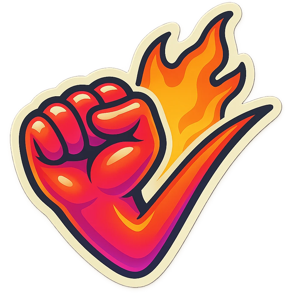 horizontal flaming fist, emoji, red vibrant neon gradient, sticker border white, matching reference file emoji